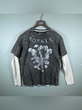 Modern Culture Royale Graphic Tee XL Gray Acid Wash Layered Long Sleeve Grunge